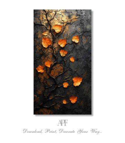 Abstract botanical print with glowing orange fall leaves