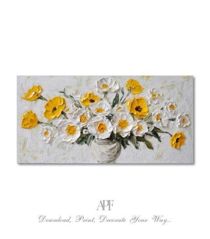 Palette knife flower vase painting with white and yellow blooms