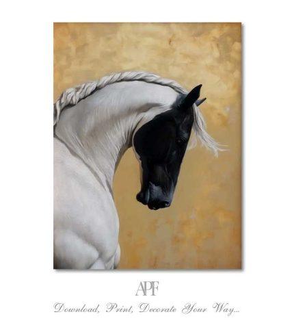 Regal horse portrait in neutral tones with golden background
