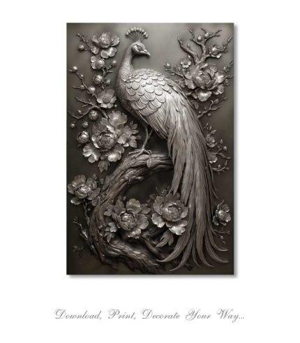 Royal silver peacock in detailed artwork