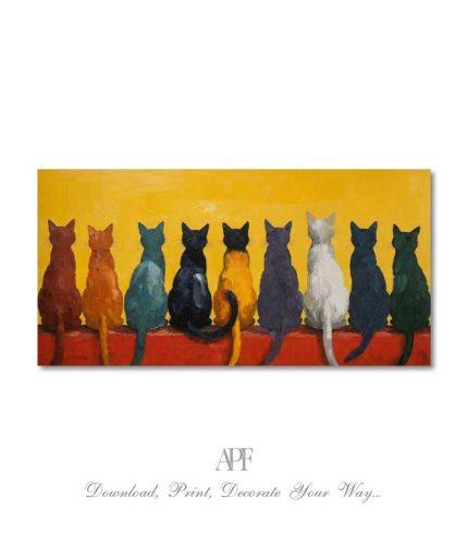 Fun cat-themed wall decor in rainbow colors