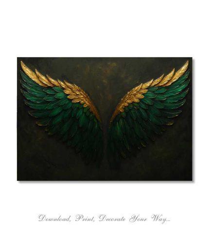 Green and gold feathered wings on dark background