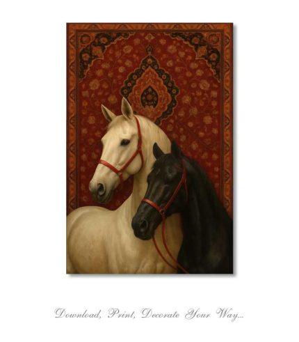 Black and white Arabian horses on oriental patterned background