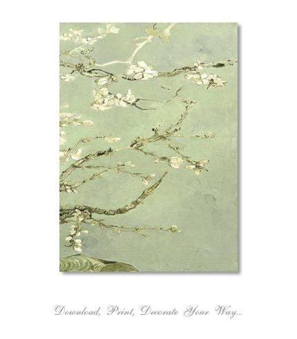 digital version of van gogh almond blossom triptych artwork in soft green tones