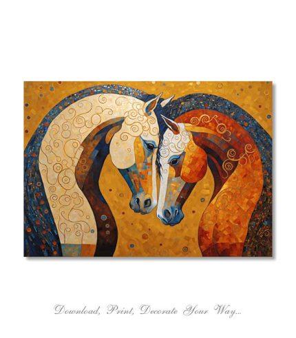 abstract digital illustration of two intertwined horses with golden and blue patterns