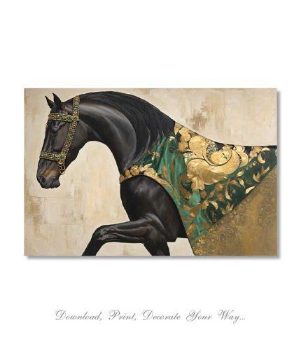 digital illustration of a majestic black horse in ornate green and gold saddle
