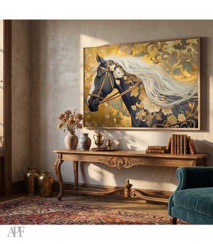 classic living room with luxury gold horse wall art above carved wooden console