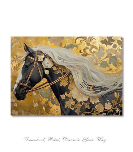 black horse wall art with white mane on ornate gold floral background, landscape orientation