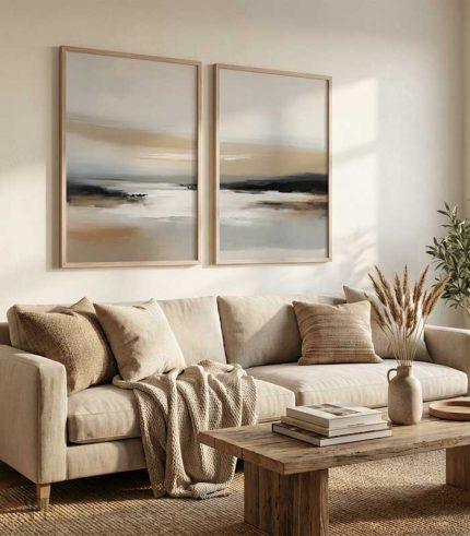 cozy neutral living room with two vertical abstract landscape prints above beige sofa
