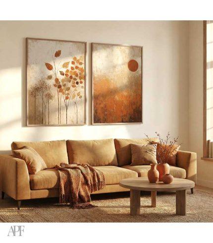 warm living room with two terracotta abstract nature prints above beige sofa