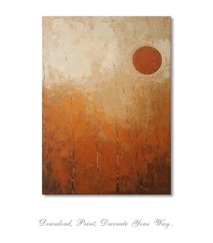 set of two vertical abstract prints with terracotta sun and botanical silhouettes on beige background