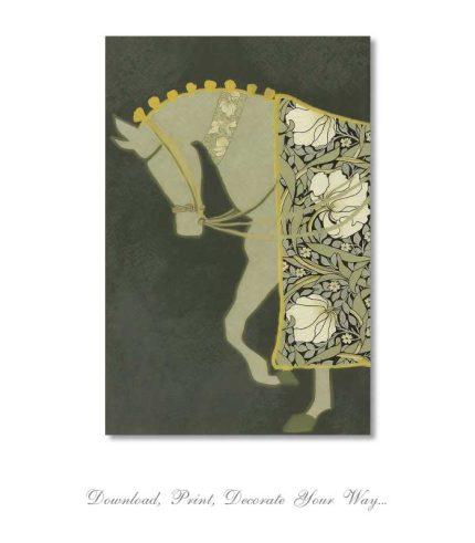 two vertical panels of a stylized horse with ornate gold‑sage tapestry pattern