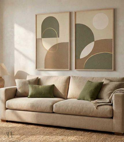 neutral living room with two vertical boho abstract geometric prints above beige sofa