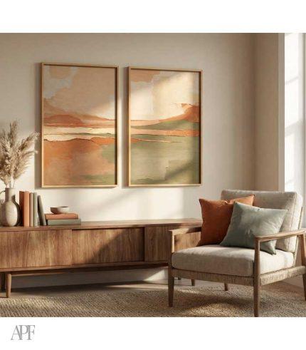 neutral living room with two vertical earthy abstract landscape prints above wooden sideboard
